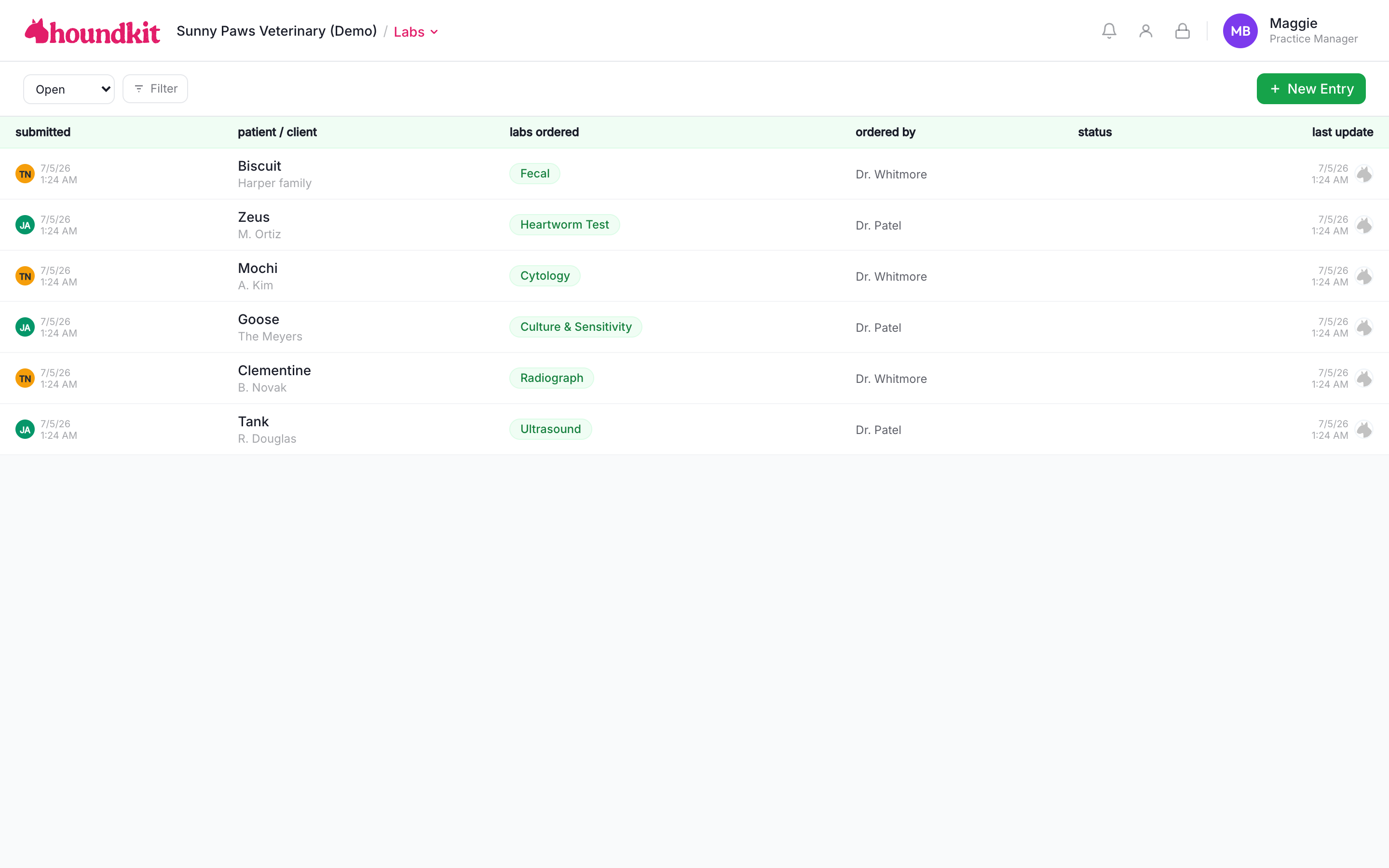 The lab board: each entry shows the patient, lab type, ordering DVM, and current status.
