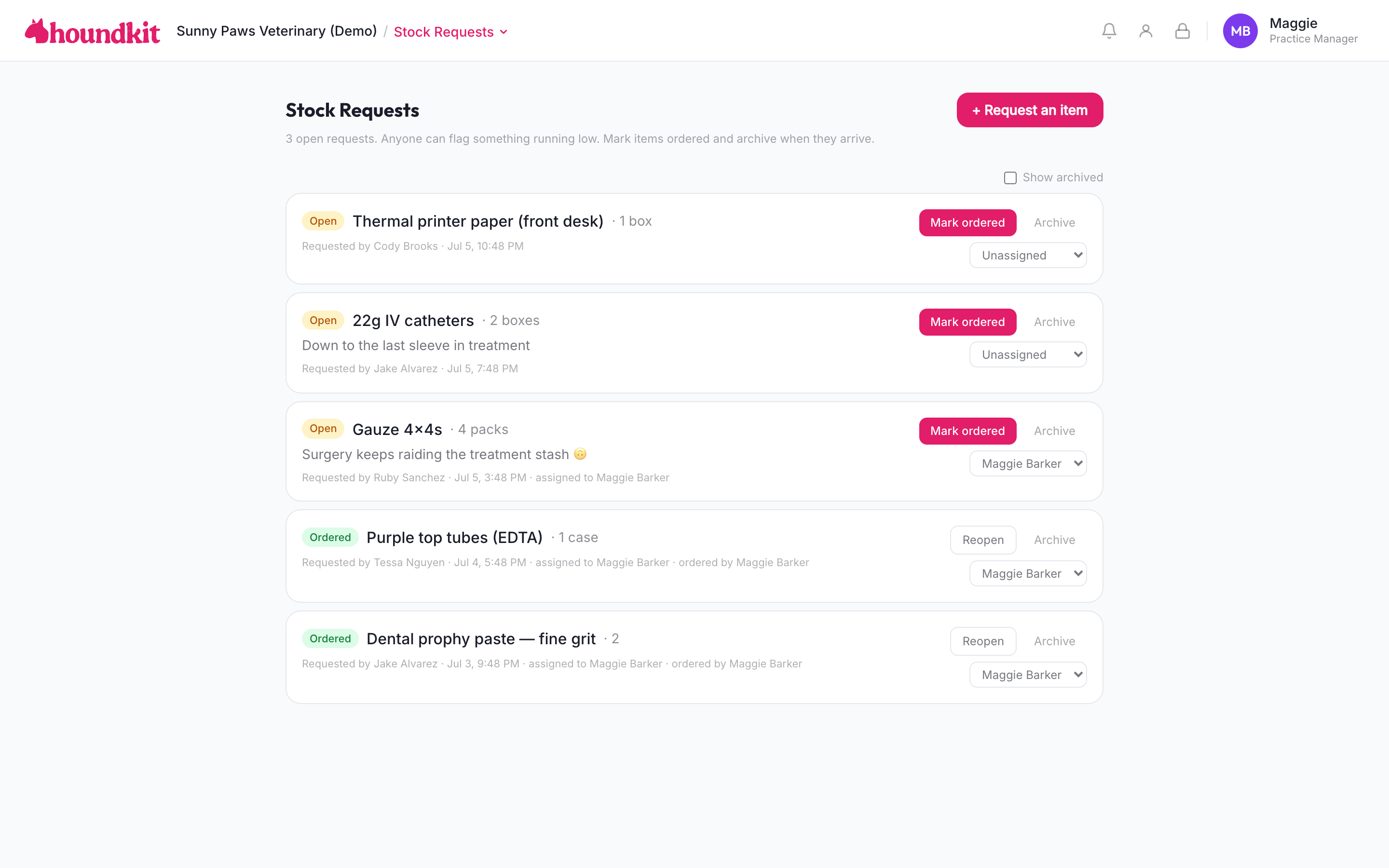 The request board: open and ordered supply requests, each with a requester and status.